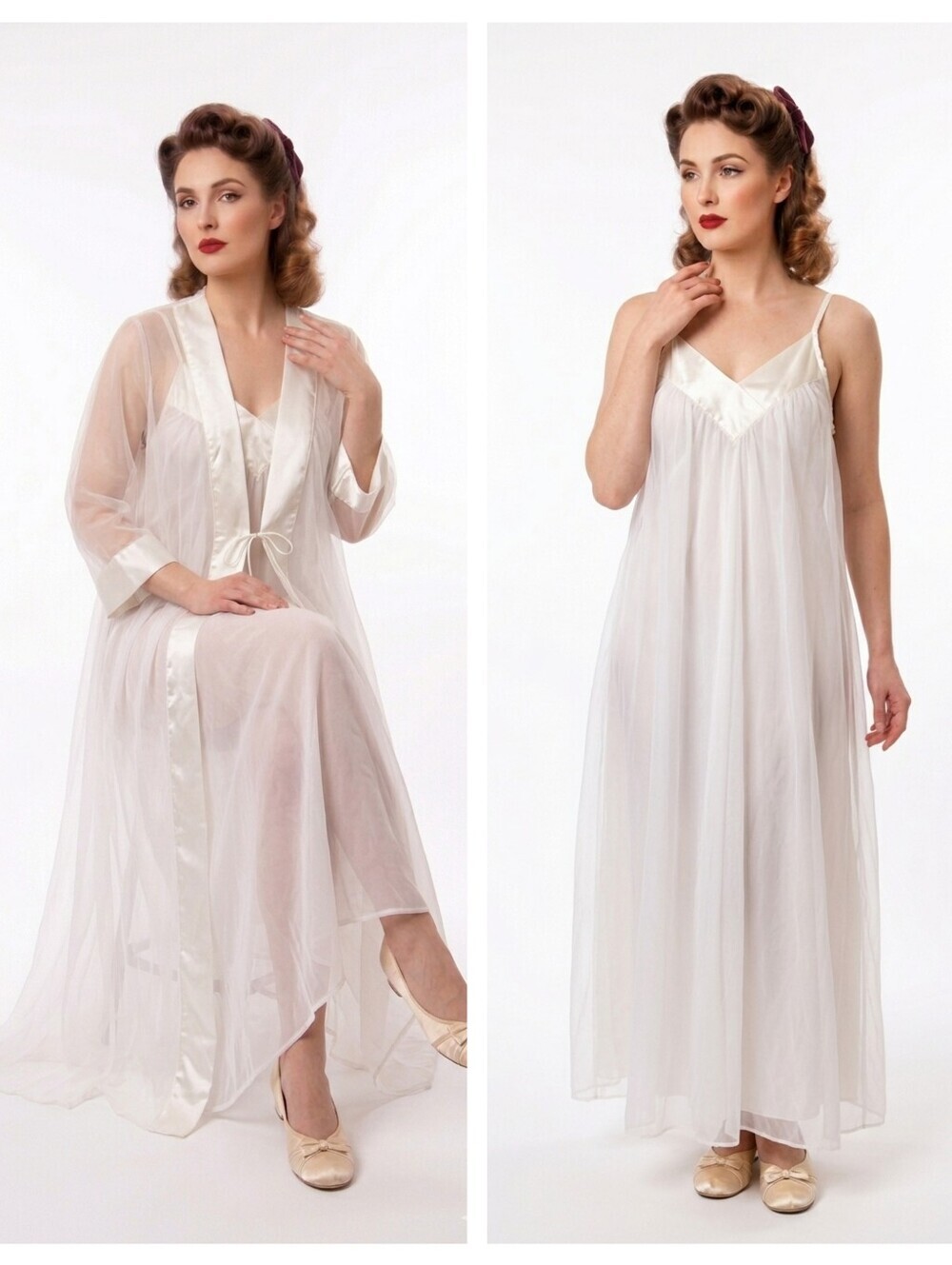 Vintage Sheer White Peignoir Set Maxi Nightgown & Robe Lingerie Size Small